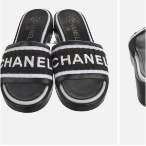Chanel Lambskin Embroidered CC Mule Sandal 37 Black White - Picture 1 of 11